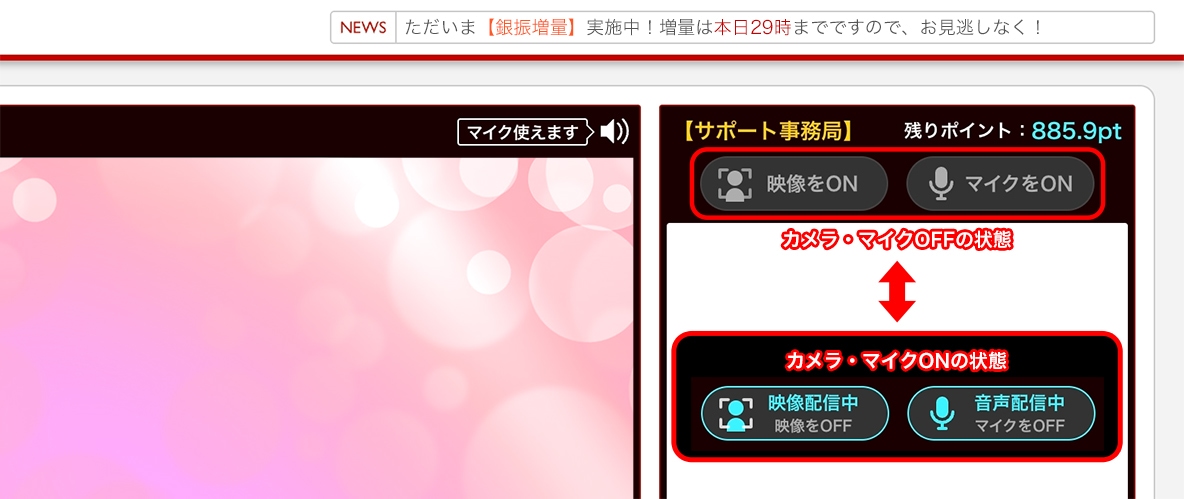マイクとカメラのON/OFFボタン